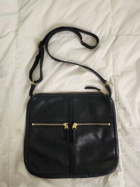 Fossil Elise Double Zip Black Pebbled Leather Large Crossbody Shoulder Bag Purse
